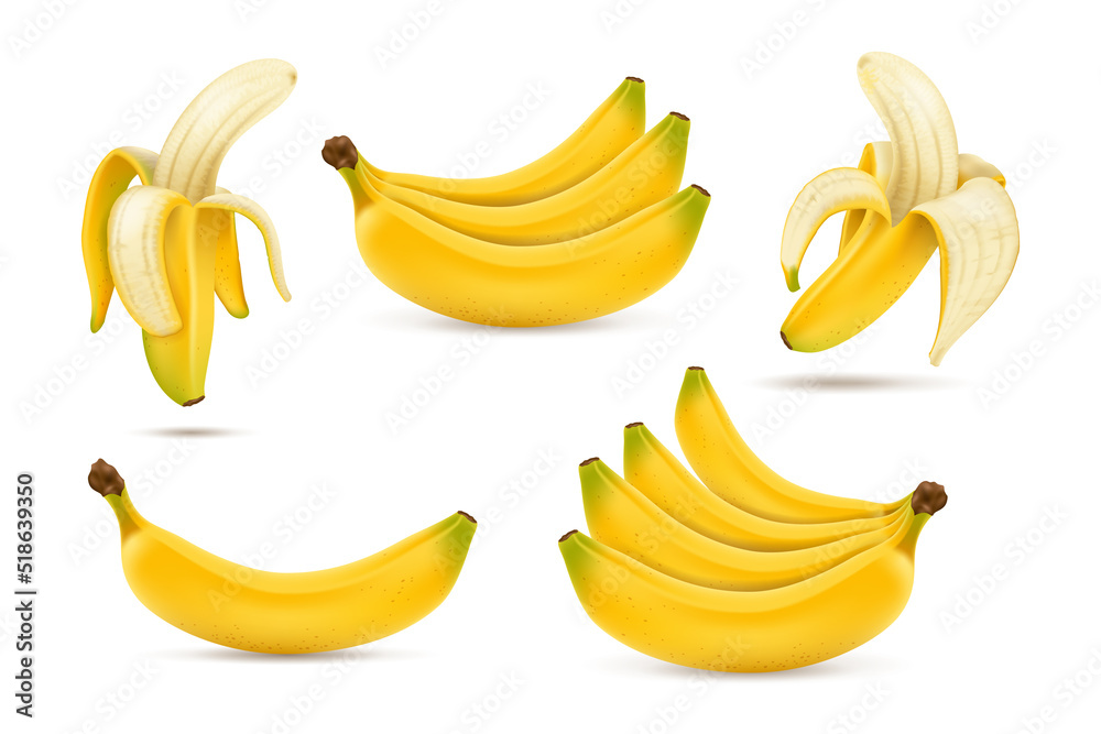 A set of ripe bananas. Tropical sweet fruits. 3d realistic vector illustration