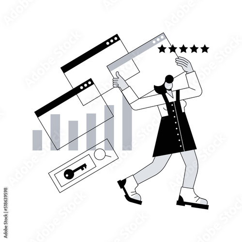 SEO optimization abstract concept vector illustration. Search engines page rank, online digital marketing tools, keyword optimization, link building, measurement and reporting abstract metaphor.