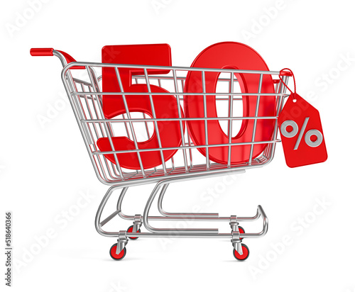 shopping cart with 50 percent in 3d render photo