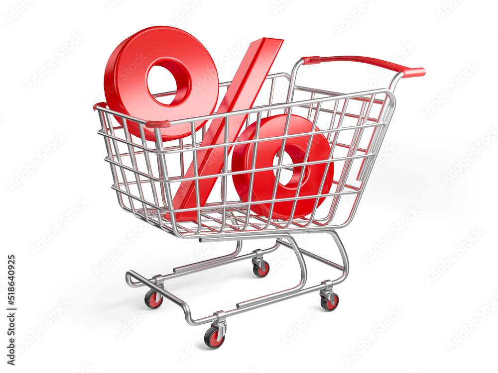 shopping cart with percent symbol in 3d render - obrazy, fototapety, plakaty 