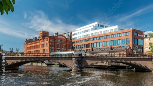 Obraz na plátně Linkoping university building behind the bridge, Norrkoping, Sweden