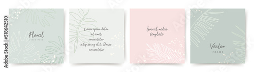 Neutral background in pastel colors with minimal tropical plants elements. Vector for social media post, invitation, greeting card, branding design, banner, presentation, poster, advertising