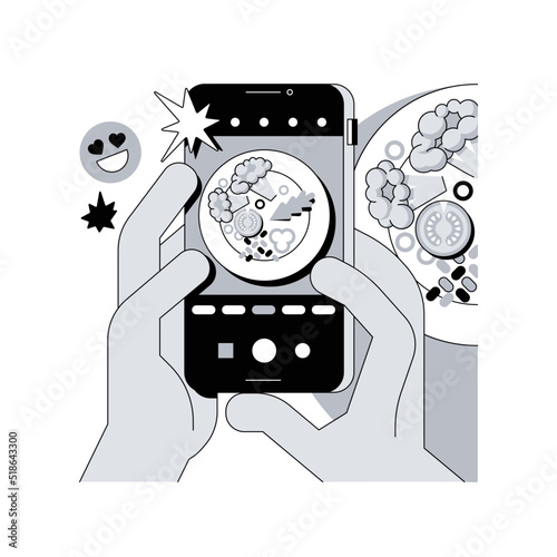 Food blogging abstract concept vector illustration. Food hunter review, appetizing photos, social media, attract followers, blog post, online cooking, streaming, street food abstract metaphor.