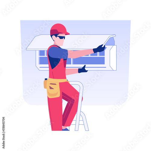 Air conditioning installation isolated concept vector illustration. Smiling repairman installs air conditioner, interior electrical works, temperature control equipment vector concept.