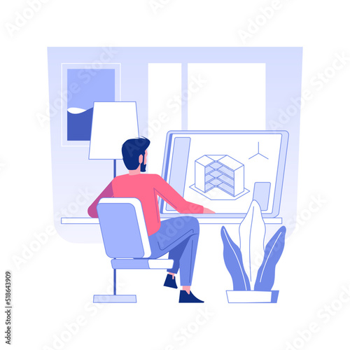Design closet isolated concept vector illustration. Interior designer makes a 3D model of a wardrobe using laptop software, walk in closet project, private house custom interior vector concept.