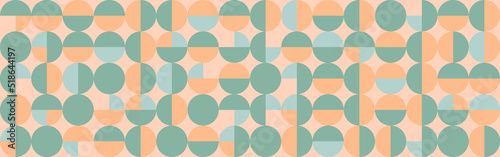 Seamless mosaic pattern with geometric shapes in scandinavian style, pastel background with circles for postcard or flyer. Cover template with squares, trendy green and pink texture.