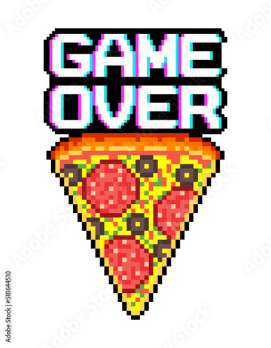 Pixel art GUI sign with pizza and the inscription game over. Web page banner with phrase GAME OVER. Vector illustration.