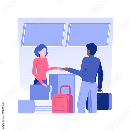 Flight check-in isolated concept vector illustration. Man deals with check-in for flight, business class travel, drop luggage in the airport, luxury passengers work trip vector concept.