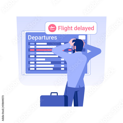 Flight delayed isolated concept vector illustration. Upset businessman with ticket looks at timetable, business class travel, departure cancellation, scoreboard in the airport vector concept.