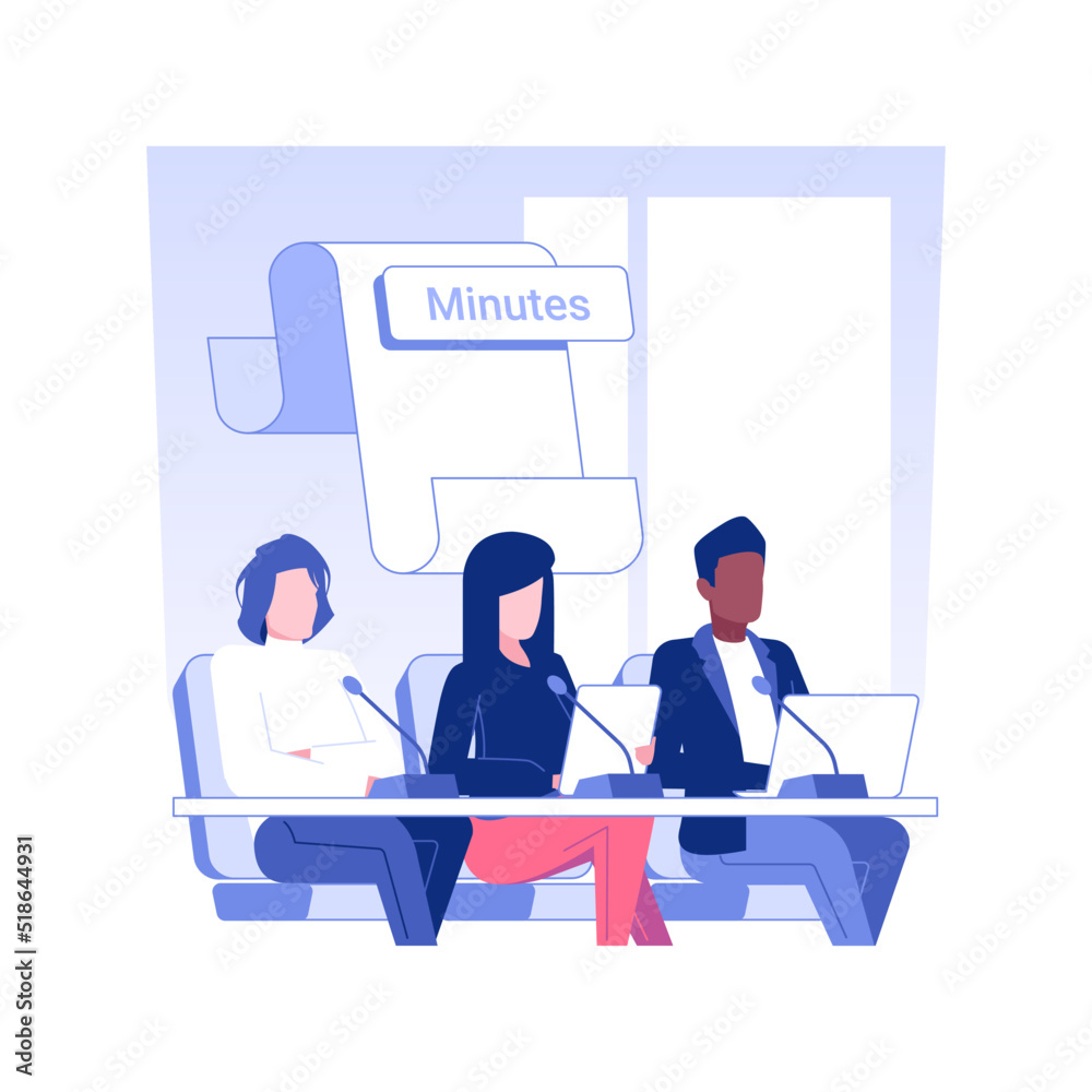 Meeting minutes isolated concept vector illustration. Group of diverse people keeping track or writing of meeting minutes, international business travel, negotiations process vector concept.