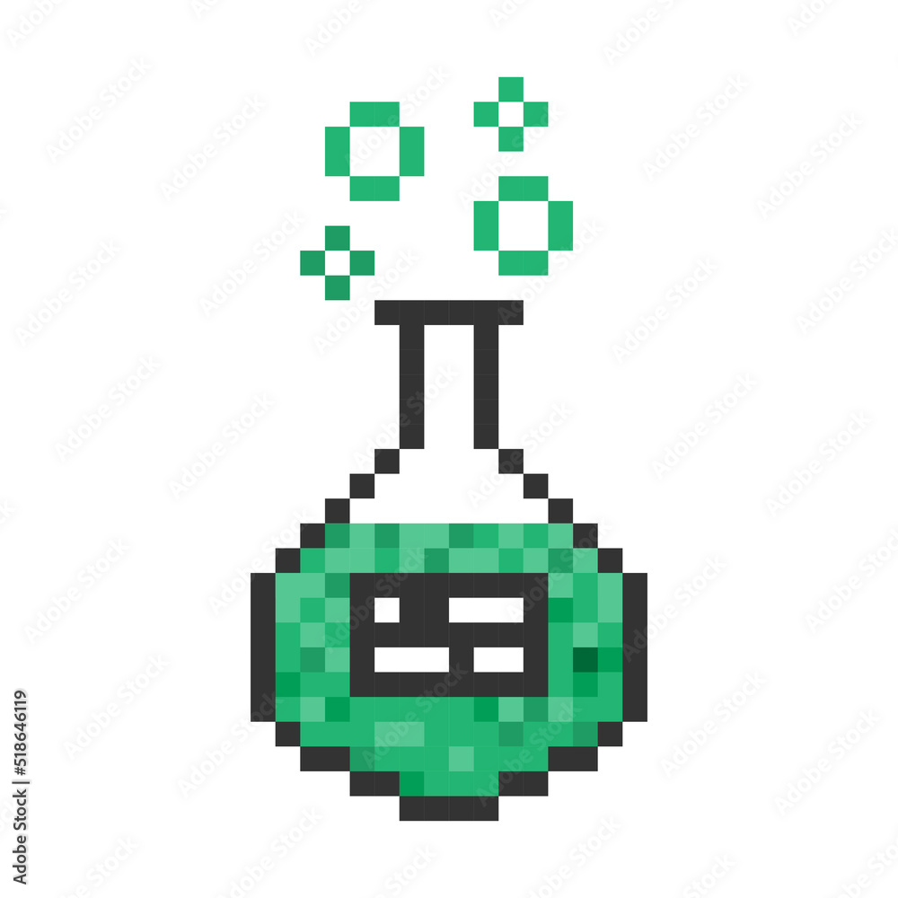 Potion bottle vector pixel object. Glass transparent bottle with cork isolated on white background. Phial vial with red potion or poison. Laboratory equipment pixel art icon jar beaker and flask Potion bottle vector pixel object. Glass transparent bottle with cork isolated on white background. Phial vial with red potion or poison. Laboratory equipment pixel art icon jar beaker and flask