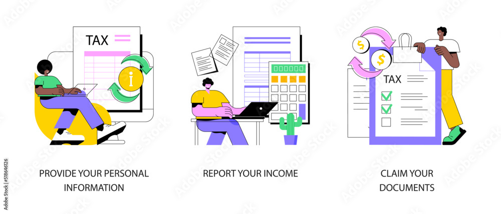 Tax filing abstract concept vector illustration set. Provide and update your personal information, report your income, claim documents, tax credits and expenses, financial report abstract metaphor.