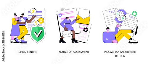 Income year abstract concept vector illustration set. Child benefit, notice of assessment, income tax and benefit return, dependent care costs, gather paperwork, social wealth abstract metaphor.