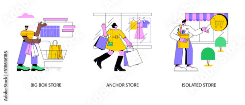 Retail shop abstract concept vector illustration set. Big box discounter, anchor and isolated store, shopping center, attract customers, outlet mall, supermarket merchandising abstract metaphor. © Vector Juice