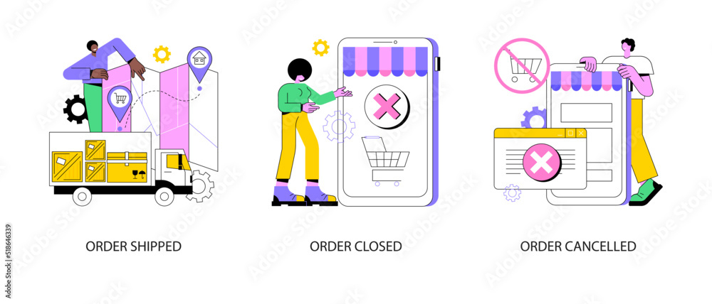 Order status abstract concept vector illustration set. Order shipped, closed or cancelled, e-commerce online store, express shipment, customer account shipping details, notification abstract metaphor.