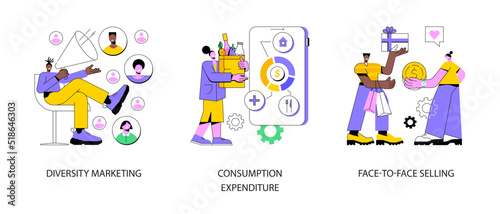 Buy and sell product abstract concept vector illustration set. Diversity marketing, consumption expenditure, face-to-face selling, consumer engagement, compulsive purchase abstract metaphor.
