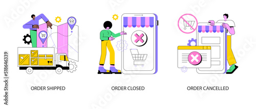 Order status abstract concept vector illustration set. Order shipped, closed or cancelled, e-commerce online store, express shipment, customer account shipping details, notification abstract metaphor.