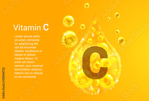 Vitamin C. Baner with vector images of golden drops with oxygen bubbles. Health concept.