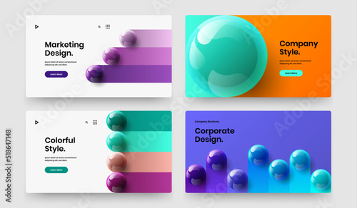 Vivid corporate cover design vector illustration set. Original 3D spheres landing page layout bundle.