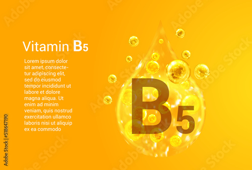 Vitamin B5. Baner with vector images of golden drops with oxygen bubbles. Health concept.