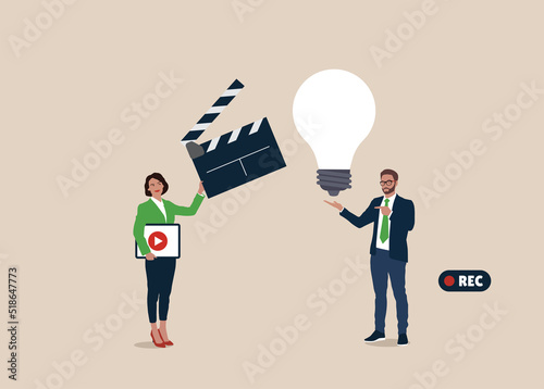 Man and a woman stand and hold a light bulb and a movie clapperboard. Idea. Element for presentations, sites. Vector illustration