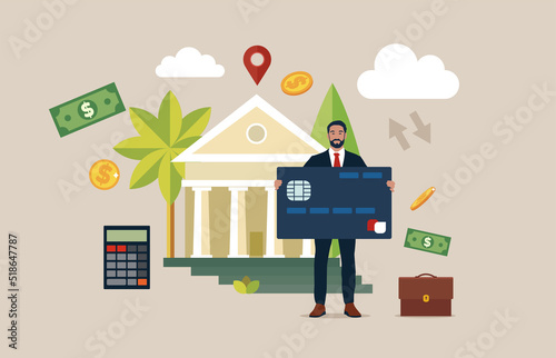 Businessman stands in full growth with a bank card. Deposit. Flat style. Element for presentations, sites. Vector illustration
