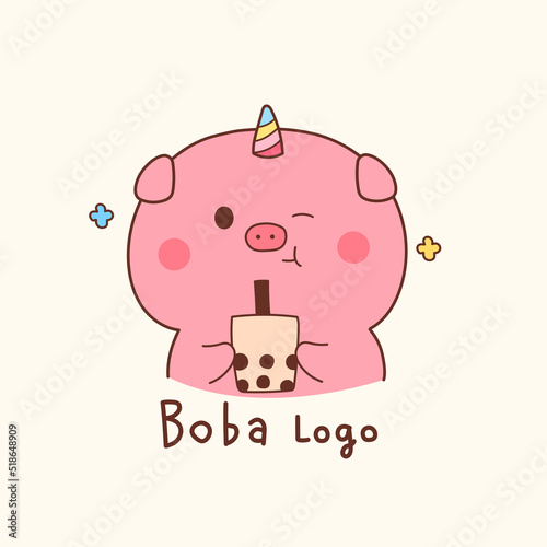 cute pig unicorn Boba milk tea logo cartoon.