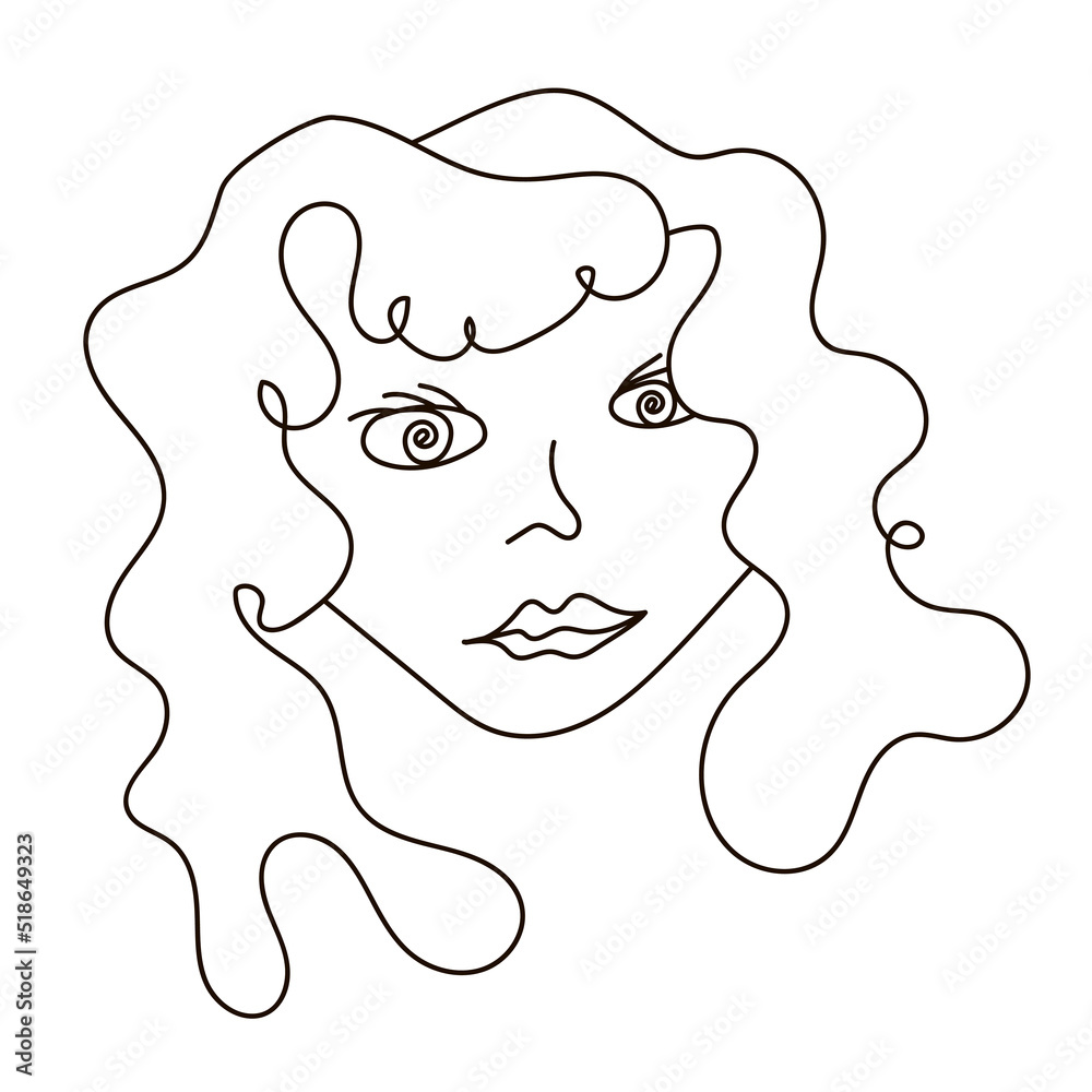 Female face with long hair in doodle style, one line. A girl's head as an avatar, an icon, for a cartoon, a print. Monochrome vector image isolated. Female face with long hair in doodle style, one line. A girl's head as an avatar, an icon, for a cartoon, a print. Monochrome vector image isolated.