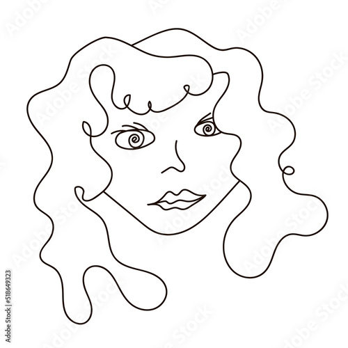 Female face with long hair in doodle style, one line. A girl's head as an avatar, an icon, for a cartoon, a print. Monochrome vector image isolated.