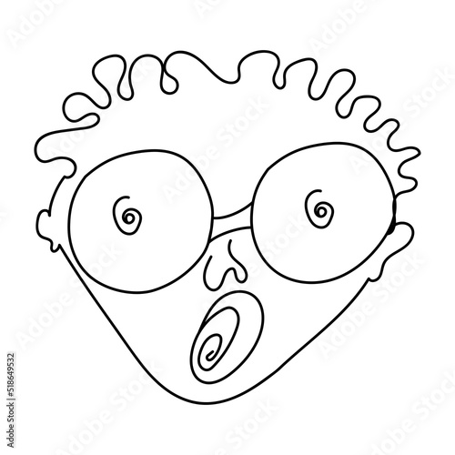 Funny boy with big glasses and open mouth.The emotion of surprise. A simple sketch on a white background with a black line, a character for a children's book, a cartoon.