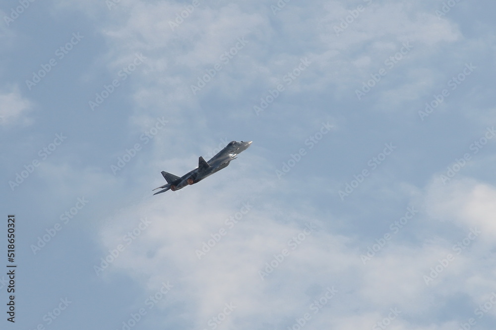 The Russian multi-purpose fighter of the fifth generation Su-57 at the International Aviation and Space Salon MAKS-2021 in Zhukovsky, Russia The Russian multi-purpose fighter of the fifth generation Su-57 at the International Aviation and Space Salon MAKS-2021 in Zhukovsky, Russia