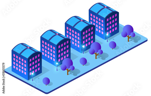 Night isometric smart blue ultraviolet city 3D illustration.