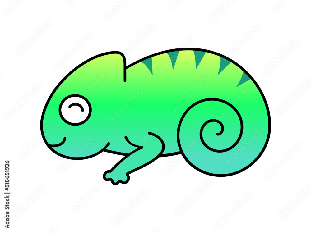 Fototapeta premium Cute little chameleon with outline. Kawaii chameleon smiling. T shirt design element with outline. Reptile animal that can change skin color. Adorable pet lizard. Vector illustration, flat, clip art.