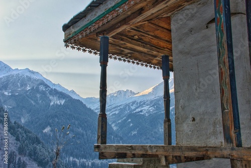 View from a wooden balcony of the Tosh Parvati Valley in Himachal Pradesh, India