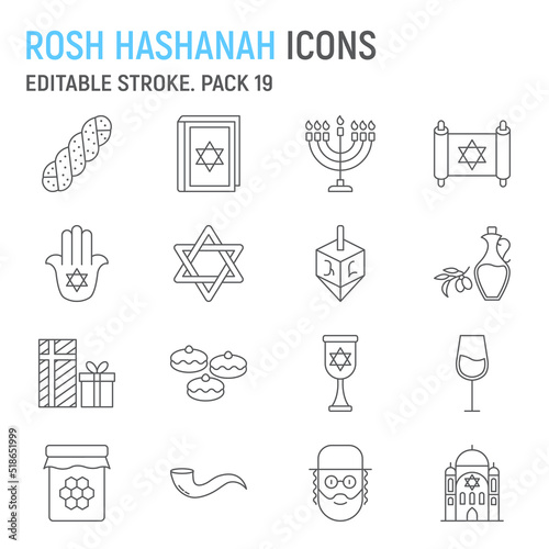 Rosh Hashanah line icon set, hanukkah collection, vector graphics, logo illustrations, Rosh Hashanah vector icons, jewish signs, outline pictograms, editable stroke