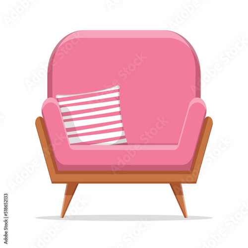 Pink sofa and couch colorful cartoon illustration vector. Comfortable lounge for interior design isolated on white background. Modern model of settee icon.