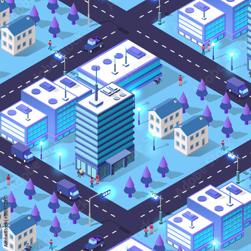 Night isometric smart blue ultraviolet city background 3D illustration.