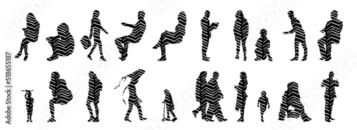 Vector silhouettes, Outline silhouettes of people, Contour drawing, people silhouette, Icon Set Isolated, Silhouette of sitting people, Architectural set	

