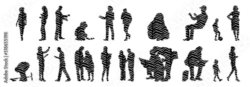 Vector silhouettes, Outline silhouettes of people, Contour drawing, people silhouette, Icon Set Isolated, Silhouette of sitting people, Architectural set	
