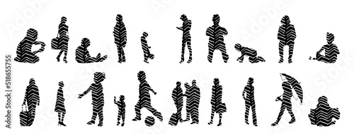 Vector silhouettes, Outline silhouettes of people, Contour drawing, people silhouette, Icon Set Isolated, Silhouette of sitting people, Architectural set	
