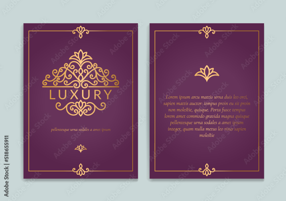 Purple and gold luxury invitation card design with vector ornament ...