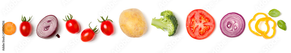 Creative layout made of various vegetables and salad leaves. Flat lay, top view. Food concept. Vegetables isolated on white background. Food ingredient pattern. Creative layout made of various vegetables and salad leaves. Flat lay, top view. Food concept. Vegetables isolated on white background. Food ingredient pattern.