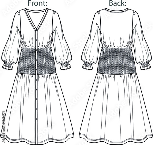 Vector maxi bohemian dress fashion CAD, woman flared V neck long dress technical drawing, template, sketch, flat, mock up. Jersey or woven fabric maxi dress with front, back view, white color