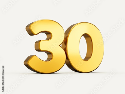 3d illustration of golden number 30 or thirty isolated on beige background with shadow.