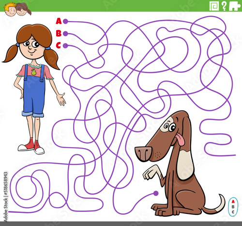 maze game with cartoon girl character and her dog
