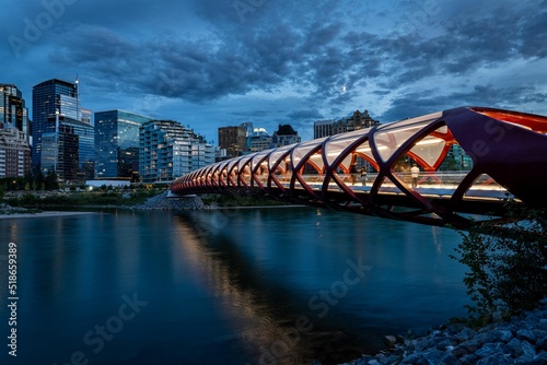 Low angle of a Peace Bridge leading to Calgary, Canada