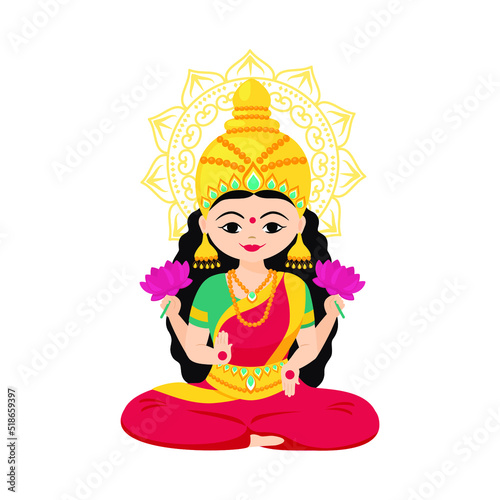 Goddess Lakshmi with of money and flowers in her hands. Vector cartoon illustration isolated on white background.