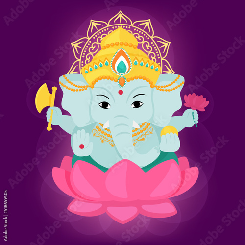 Goddess Ganesha is the Indian god of wealth and abundance sitting on the lotus. Vector cartoon illustration.