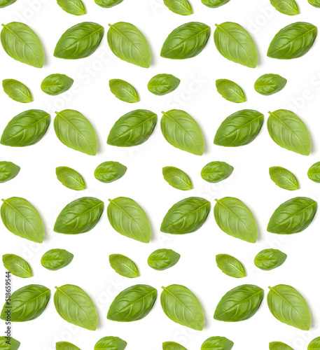 Sweet Basil herb leaves isolated over white background closeup. Flat lay, top view. Seamless pattern..