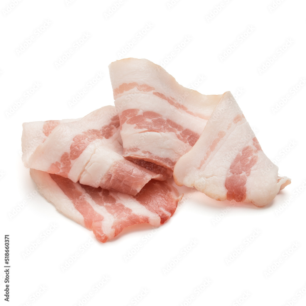 Twisted pieces of pork farmer meat or bacon with parsley, isolated on white background Twisted pieces of pork farmer meat or bacon with parsley, isolated on white background